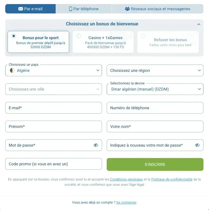 Formulaire 1xBet Algérie : bonus sport jusqu'à 52 000 DZDM ou offre casino jusqu'à 400 000 DZDM et 150 FS