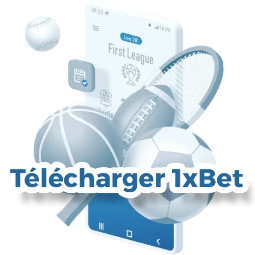 Application Android 1xBet : smartphone entouré de ballons de football, de basket et de tennis