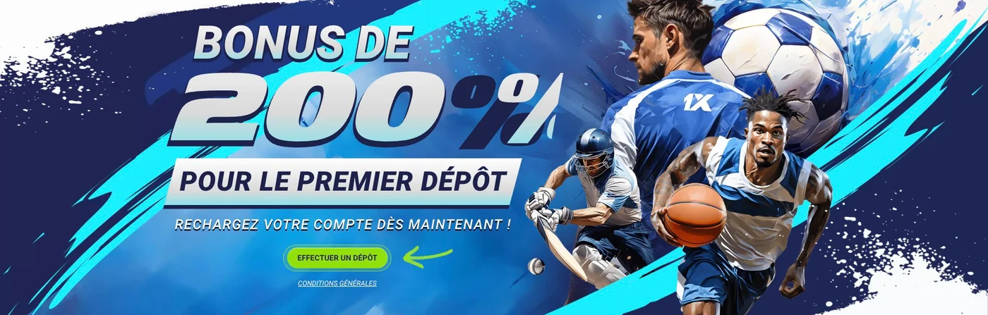 Bonus 1xBet de 200 % sur le premier dépôt : footballeur, basketteur et joueur de cricket