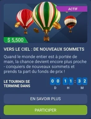 Carte du tournoi « Vers le ciel » sur 1xBet avec cagnotte de 5 500 $