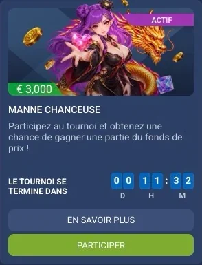 Carte du tournoi « Manne chanceuse » sur 1xBet avec cagnotte de 3 000 €