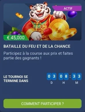 Carte du tournoi « Bataille du feu et de la chance » sur 1xBet, cagnotte de 45 000 €