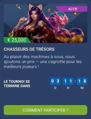 Carte du tournoi « Chasseurs de trésors » sur 1xBet avec cagnotte de 25 000 €