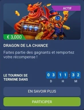 Carte du tournoi « Dragon de la chance » sur 1xBet avec cagnotte de 3 000 €