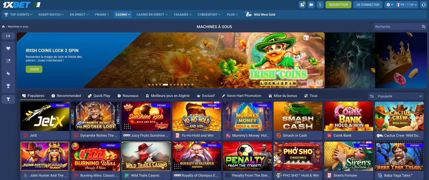 Section Machines à sous du casino 1xBet Algérie : bannière Irish Coins et grille des jeux populaires