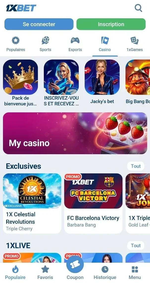 Rubrique Casino ouverte dans l'application 1xBet sur Android