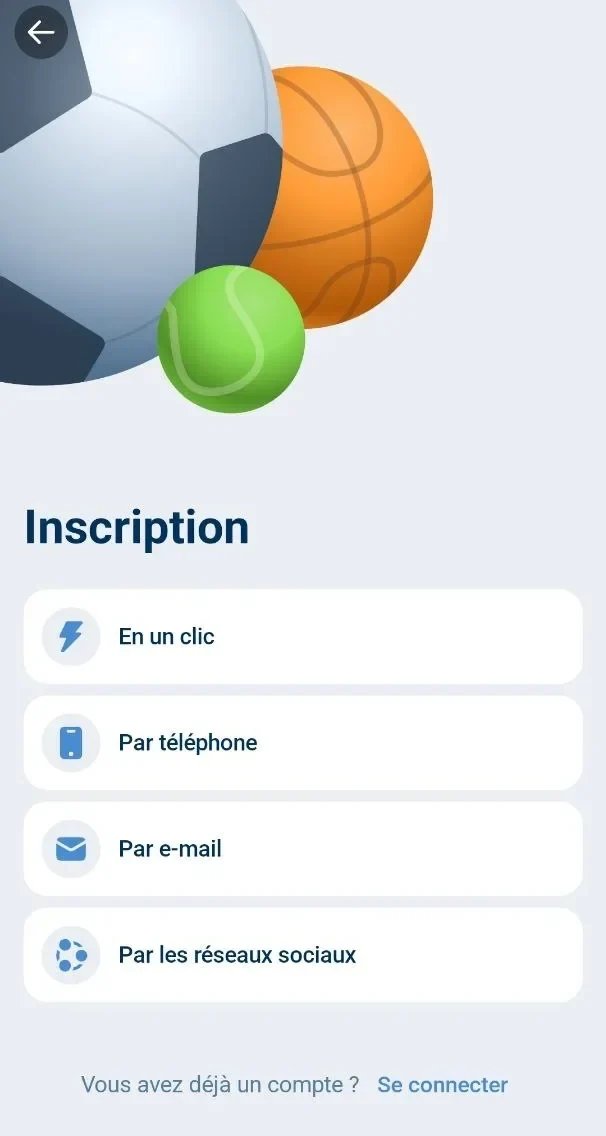 Écran de création de compte de l'application 1xBet avec plusieurs méthodes d'inscription