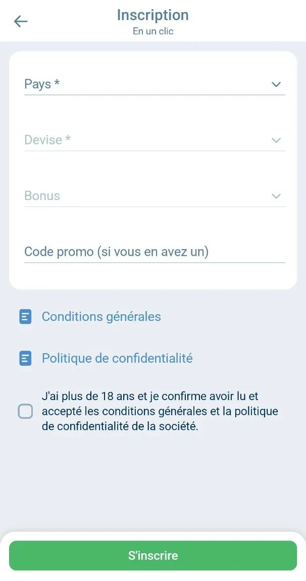 Onglet En un clic de l'application 1xBet : pays, devise, bonus et code promo à renseigner