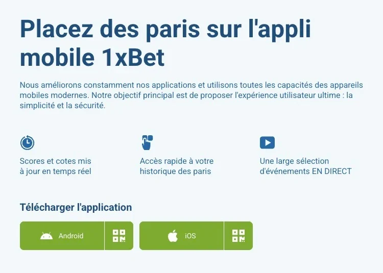Rubrique Applications du site officiel 1xBet avec téléchargement pour Android et iOS