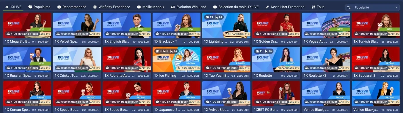 Tables en direct 1xLive sur 1xBet : roulette, blackjack et baccarat animés par des croupiers